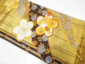 雪芝に梅・菊・萩模様織り出し　振袖用袋帯